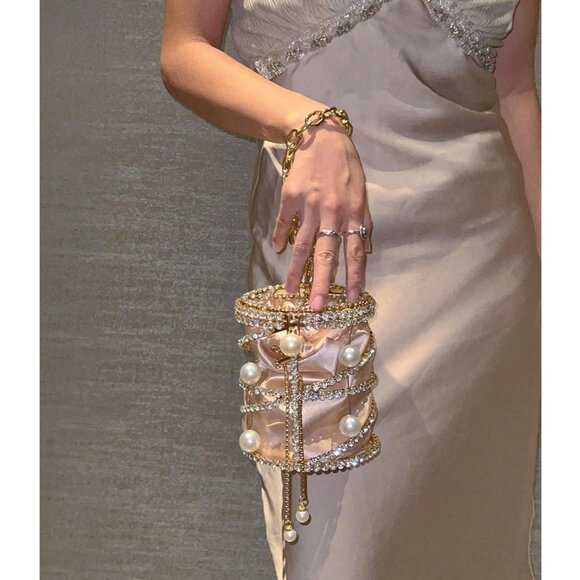 ⚡ Women's Evening Rhinestone Luxury Chain Gold Metallic Bucket Crossbody Bag - Picture 3 of 6